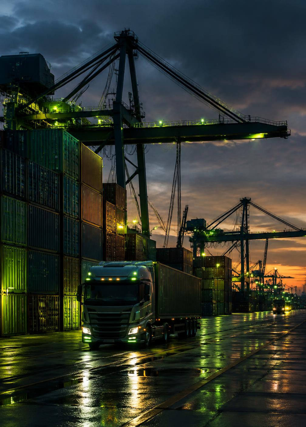 Cargo port and truck at dusk